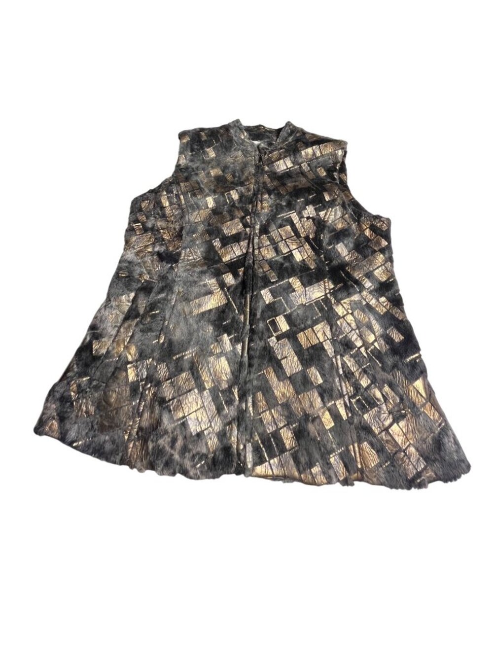 Erin London Faux Fur Vest women’s S Gray Gold Metallic Abstract Print Full Zip